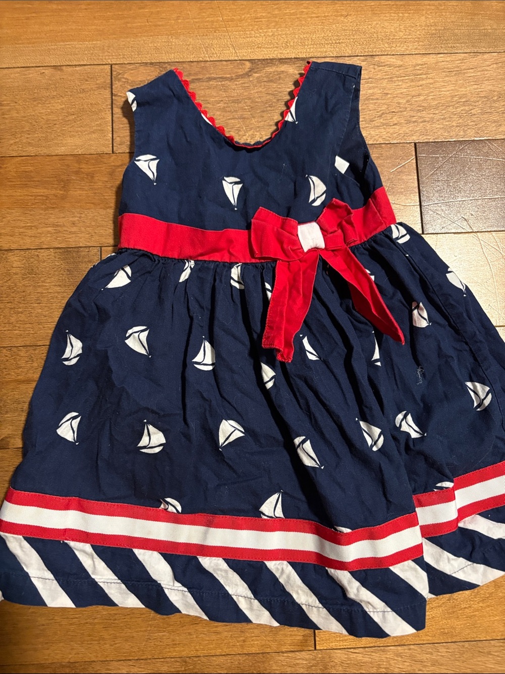 Navy Sailboat Print Girls' Dress with Red Bow